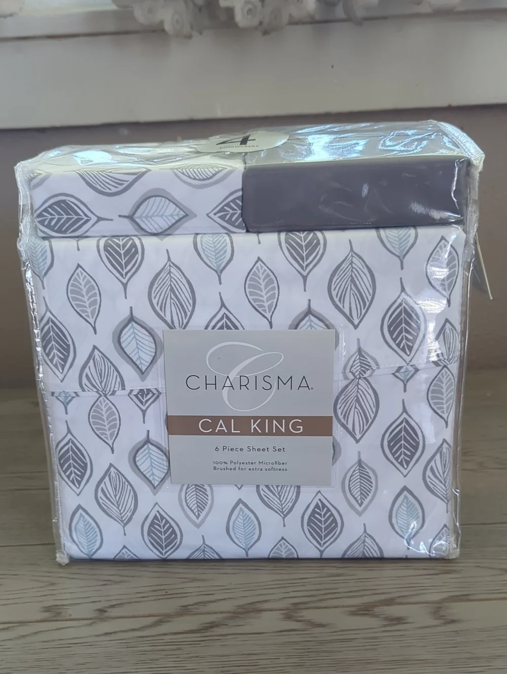 Charisma Microfiber Cal King 6- Piece Sheet Set Leaves Grey